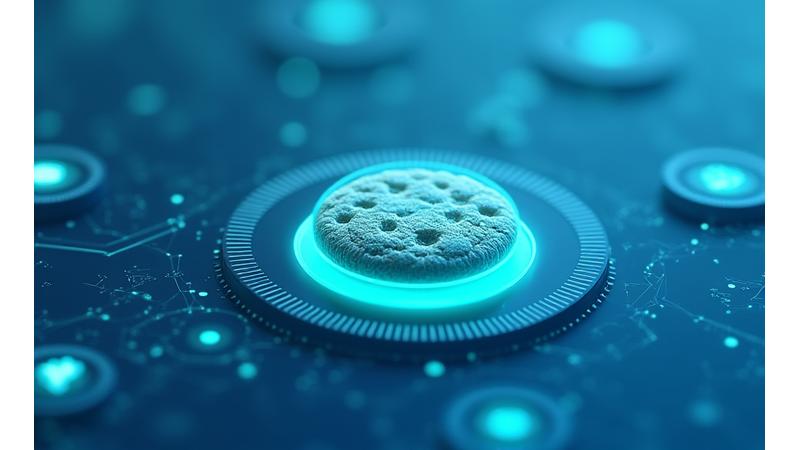 Icono de una galleta digital con un engranaje y un escudo de privacidad, representando la gestión de cookies