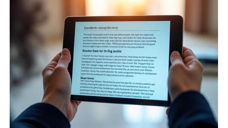 Persona leyendo un contrato digital en una tablet, con elementos gráficos de compromiso y acuerdo