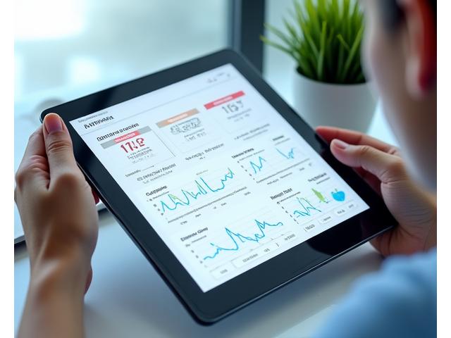 Dashboard digital mostrando gráficos de datos biométricos con íconos de corazón, peso y glucosa.
