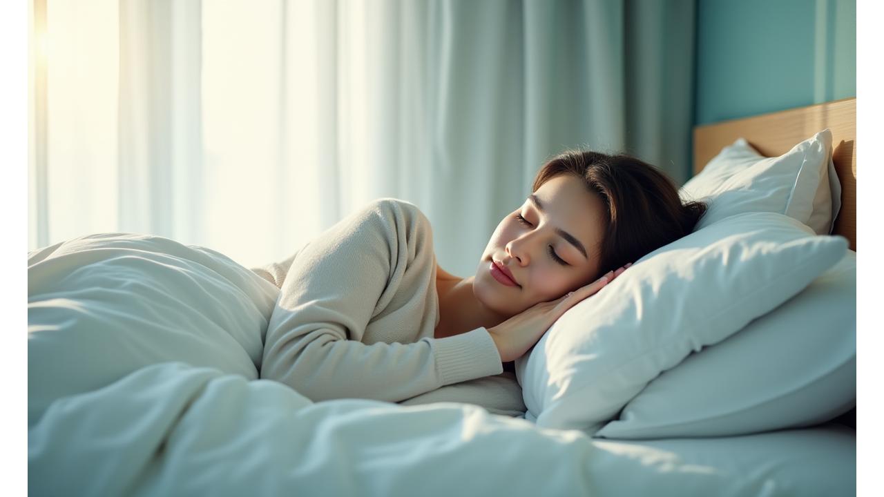 Persona adulta descansando plácidamente en una cama serena con un ambiente de luz suave y relajante, simbolizando un sueño reparador.