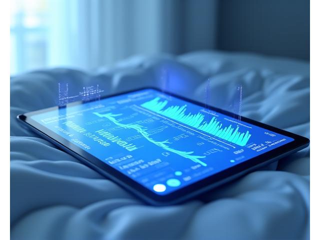 Gráfico de análisis de sueño digital mostrando estados de sueño (REM, ligero, profundo) en una pantalla elegante, con un suave resplandor azul.
