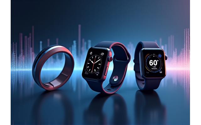 Varios dispositivos de tecnología wearable como un anillo inteligente, un reloj deportivo y una banda de sueño, conectados digitalmente y flotando sobre un fondo marino virtual.