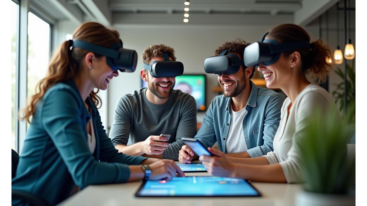 Grupo diverso de adultos interactuando con dispositivos de bienestar digital en un entorno luminoso y moderno, simbolizando la prueba de nuevas funcionalidades.