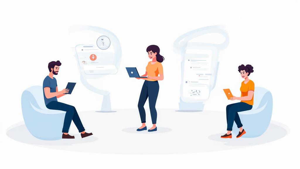 Ilustración de personas interactuando con diferentes dispositivos, simbolizando múltiples canales de comunicación.