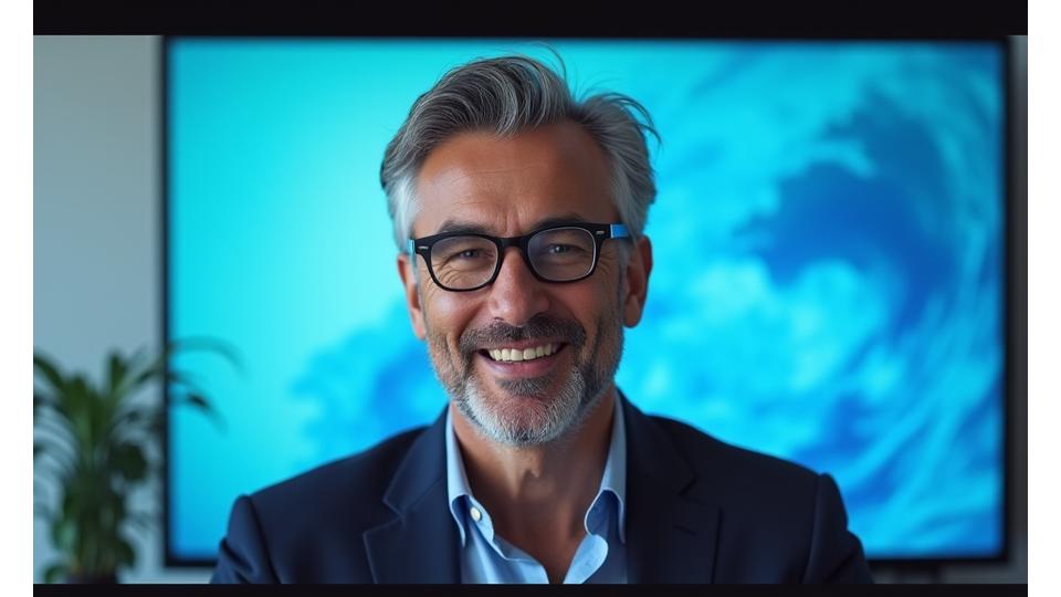 Captura de pantalla de un video del CEO de Arrecife Bienestar dirigiéndose a la comunidad, rodeado de elementos de diseño marino.
