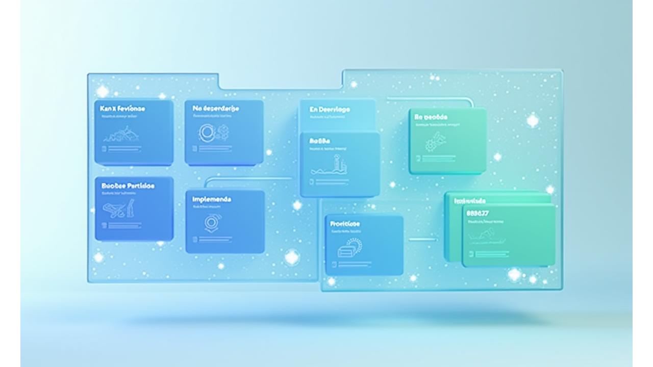 Tablero Kanban digital con tarjetas de ideas de usuarios, mostrando columnas de 'En Revisión', 'En Desarrollo' e 'Implementado'.