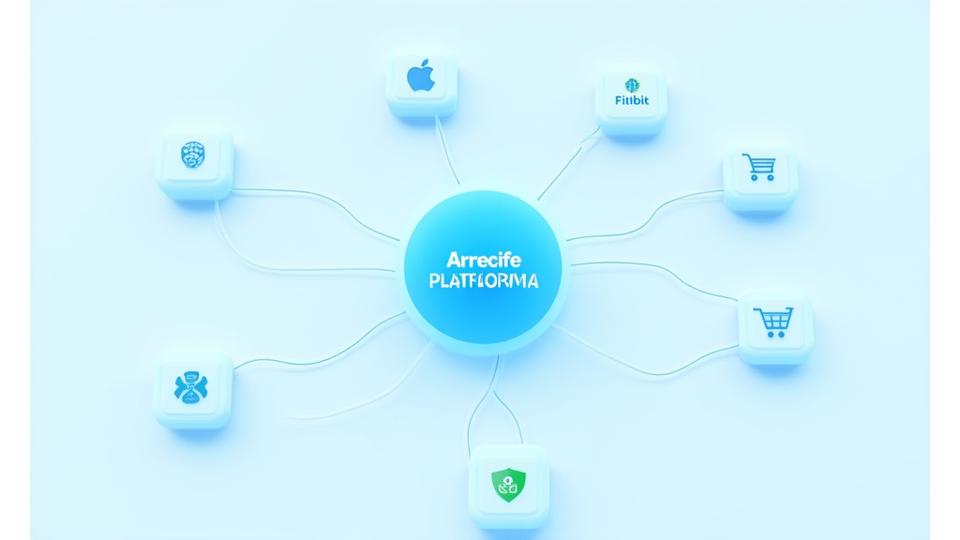 Diagrama de integración mostrando la plataforma de Arrecife conectada a Fitbit, Apple Health, farmacias, laboratorios y e-commerce